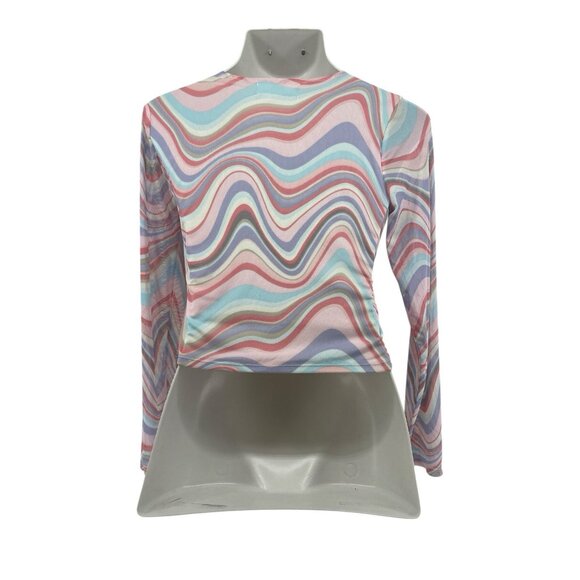 Womens Madden NYC Rouched Front Swirl Mesh Long Sleeve Size Large - Picture 2 of 5